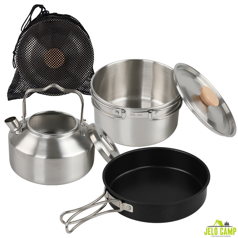 Camping Cooking Set With Kettle - Набор походной посуды из высококачественной нержавеющей