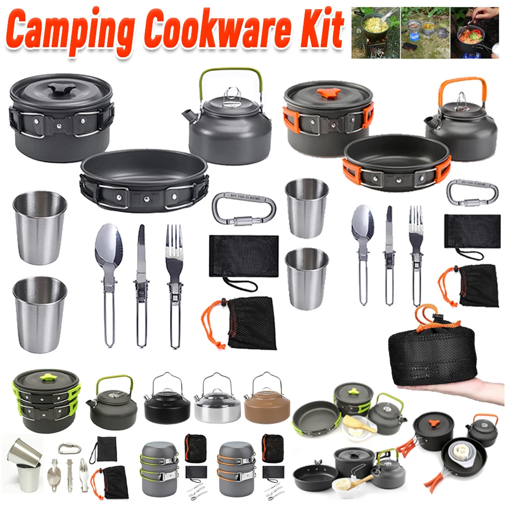 Camping Cooking Set With Kettle - Набор походной посуды: чайник, кастрюля, сковорода,
