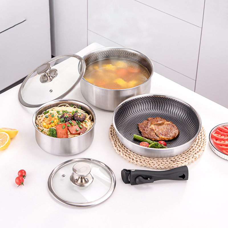 6 шт. 3-слойные наборы посуды  – обзор и цена Camping Cooking Set Detachable Handle