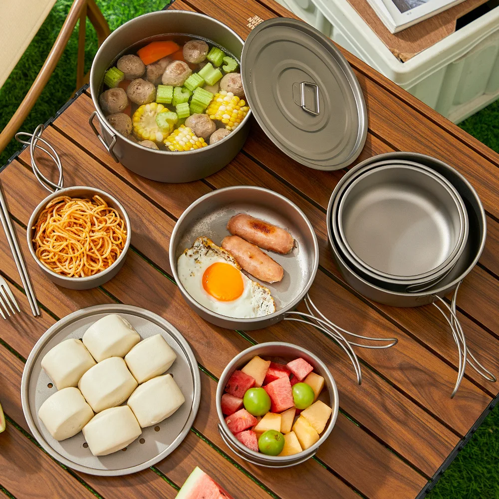 Титановый уличный набор кастрю – обзор и цена Camping Cooking Set With Bag